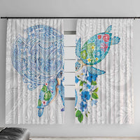 Hawaiian Couple Turtles Honi Window Curtain Polynesian Art Motifs and Hibiscus White Blue Color - Polynesian Pride