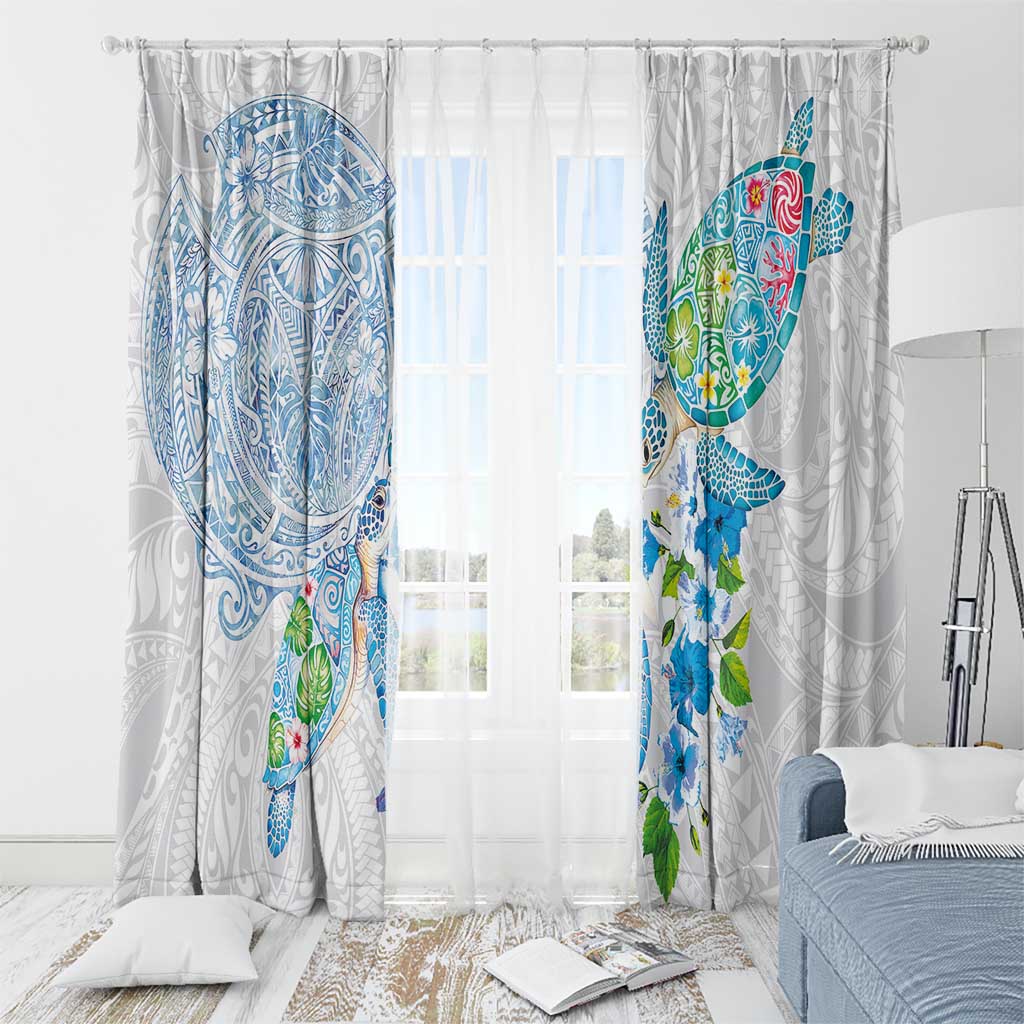Hawaiian Couple Turtles Honi Window Curtain Polynesian Art Motifs and Hibiscus White Blue Color - Polynesian Pride