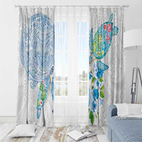 Hawaiian Couple Turtles Honi Window Curtain Polynesian Art Motifs and Hibiscus White Blue Color - Polynesian Pride