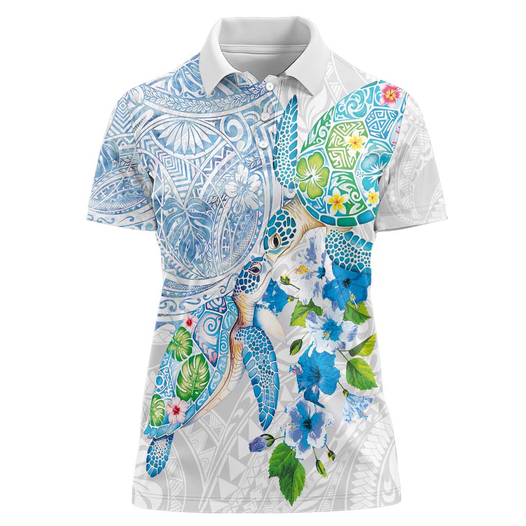 Hawaiian Couple Turtles Honi Women Polo Shirt Polynesian Art Motifs and Hibiscus White Blue Color - Polynesian Pride