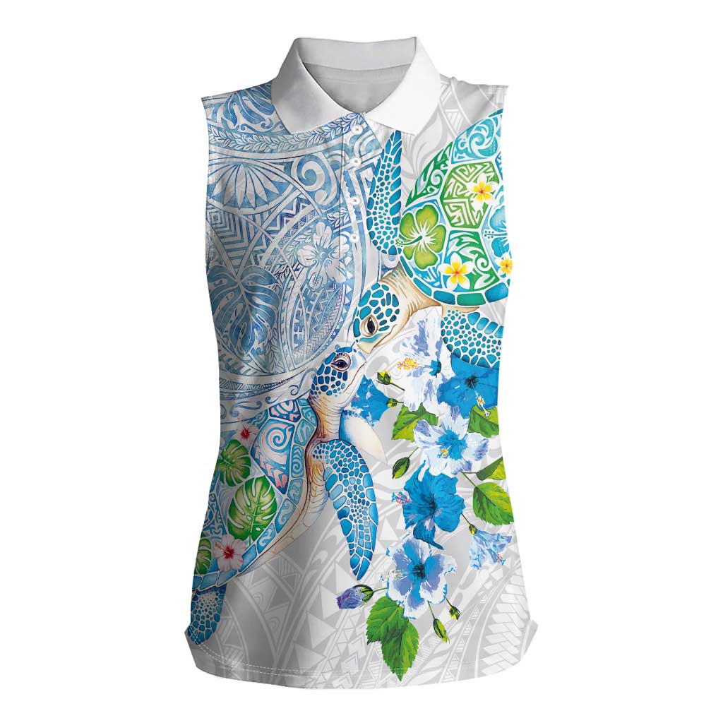 Hawaiian Couple Turtles Honi Women Sleeveless Polo Shirt Polynesian Art Motifs and Hibiscus White Blue Color - Polynesian Pride