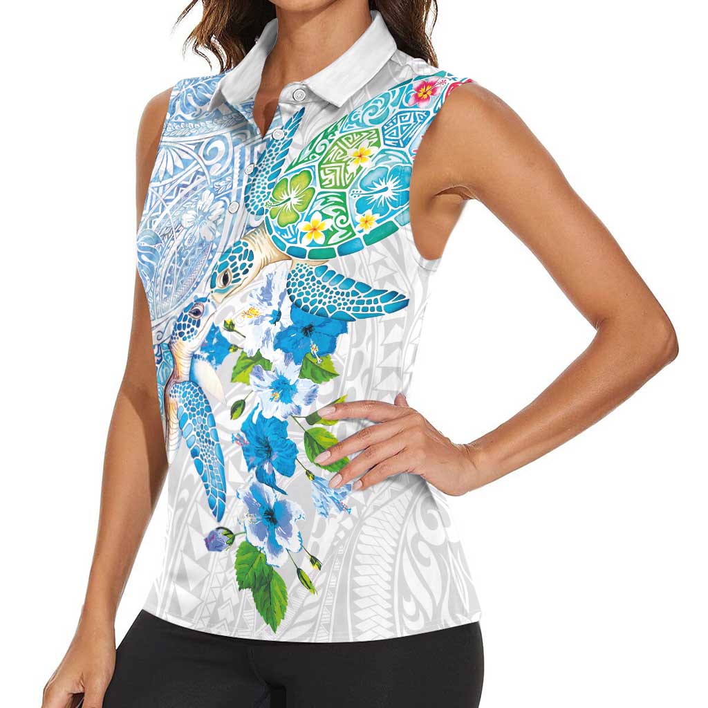 Hawaiian Couple Turtles Honi Women Sleeveless Polo Shirt Polynesian Art Motifs and Hibiscus White Blue Color - Polynesian Pride