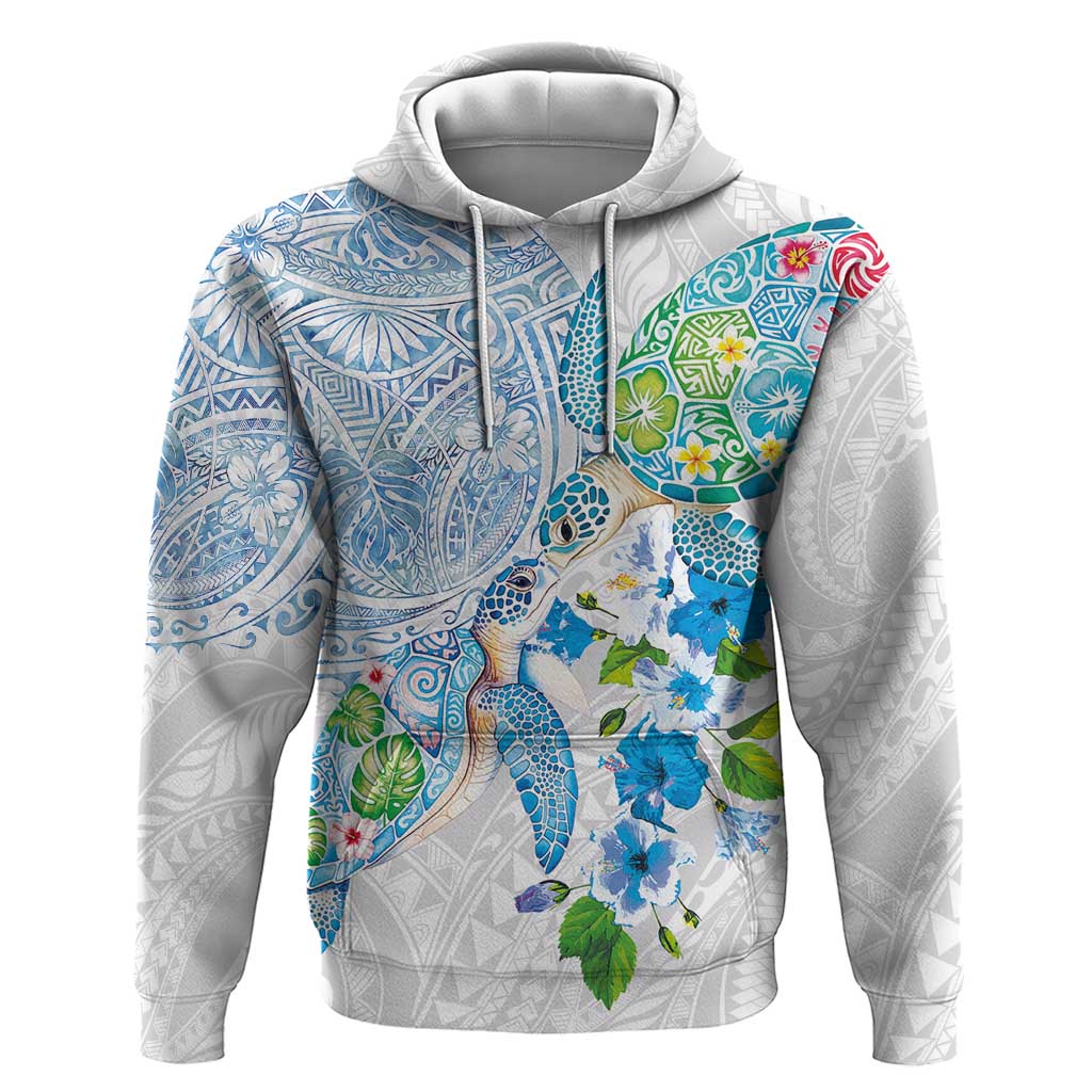 Hawaiian Couple Turtles Honi Zip Hoodie Polynesian Art Motifs and Hibiscus White Blue Color - Polynesian Pride