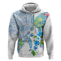 Hawaiian Couple Turtles Honi Zip Hoodie Polynesian Art Motifs and Hibiscus White Blue Color - Polynesian Pride