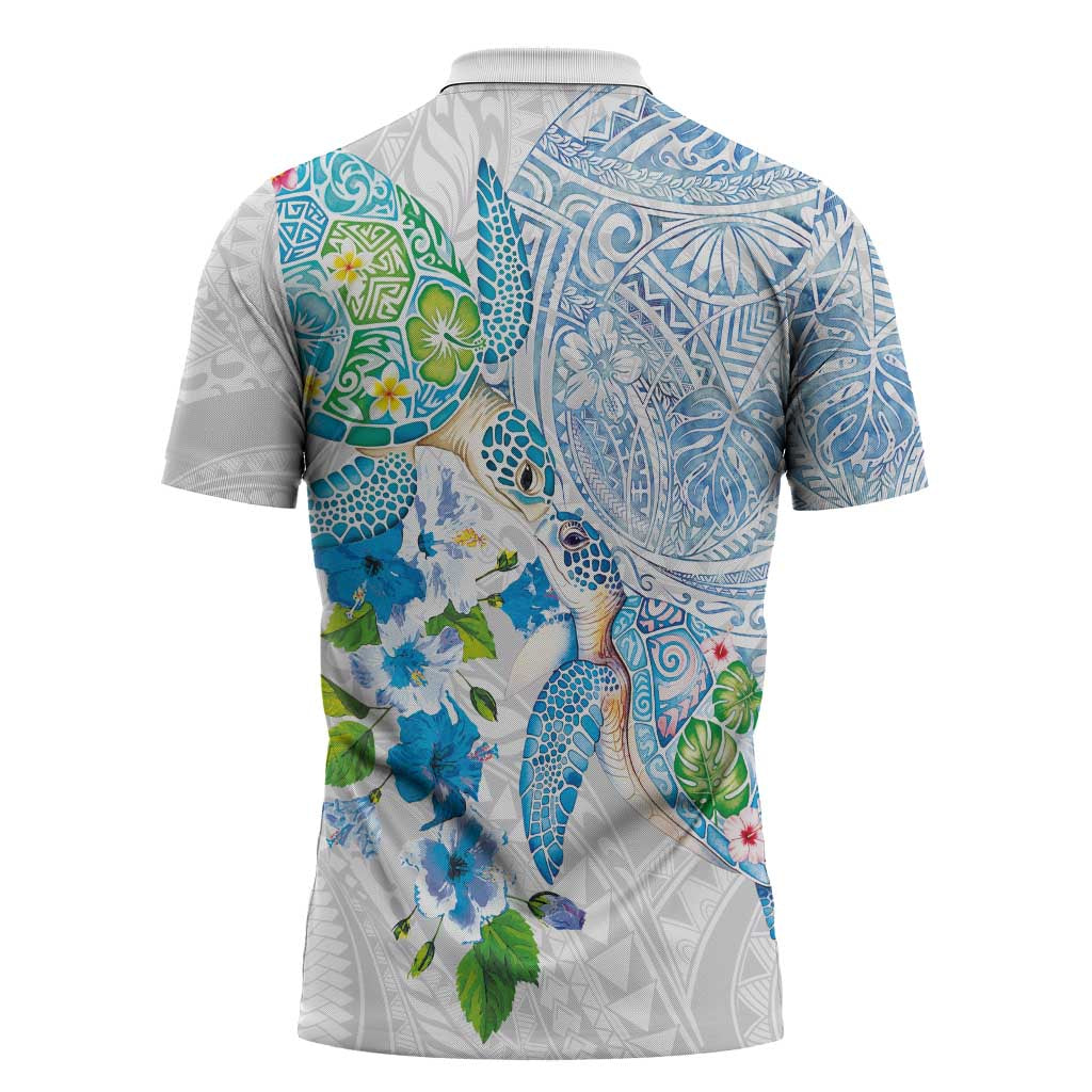 Hawaiian Couple Turtles Honi Zipper Polo Shirt Polynesian Art Motifs and Hibiscus White Blue Color - Polynesian Pride
