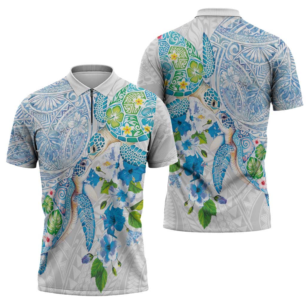Hawaiian Couple Turtles Honi Zipper Polo Shirt Polynesian Art Motifs and Hibiscus White Blue Color - Polynesian Pride