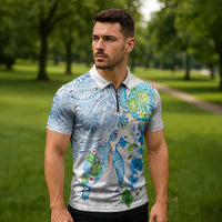 Hawaiian Couple Turtles Honi Zipper Polo Shirt Polynesian Art Motifs and Hibiscus White Blue Color - Polynesian Pride