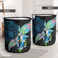 Hawaiian Couple Turtles Honi Laundry Basket Polynesian Art Motifs and Hibiscus Black Blue Color - Polynesian Pride
