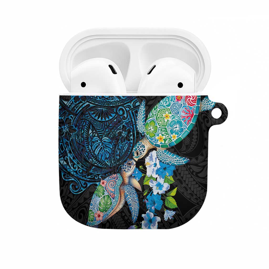 Hawaiian Couple Turtles Honi AirPods Case Polynesian Art Motifs and Hibiscus Black Blue Color - Polynesian Pride
