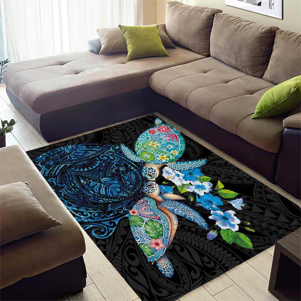 Hawaiian Couple Turtles Honi Area Rug Polynesian Art Motifs and Hibiscus Black Blue Color - Polynesian Pride