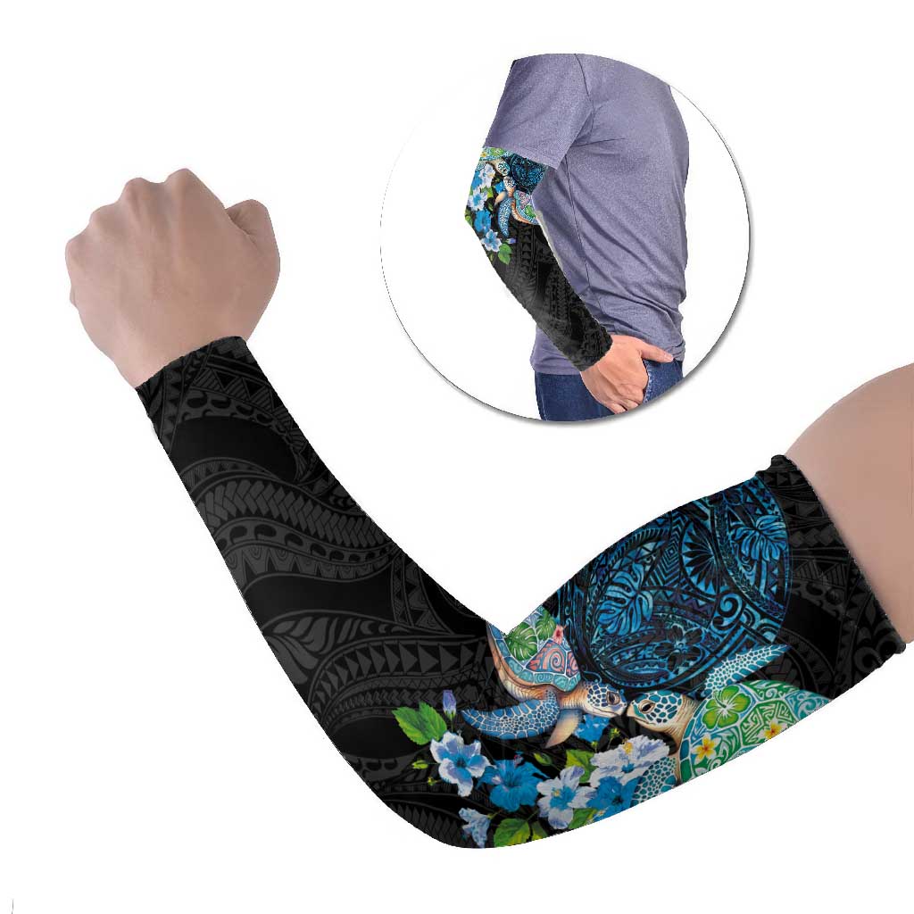 Hawaiian Couple Turtles Honi Arm Sleeves Polynesian Art Motifs and Hibiscus Black Blue Color - Polynesian Pride