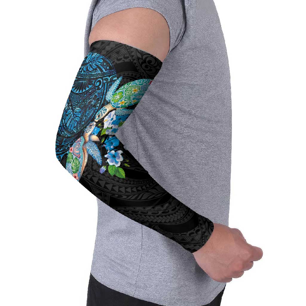 Hawaiian Couple Turtles Honi Arm Sleeves Polynesian Art Motifs and Hibiscus Black Blue Color - Polynesian Pride