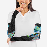 Hawaiian Couple Turtles Honi Arm Sleeves Polynesian Art Motifs and Hibiscus Black Blue Color - Polynesian Pride