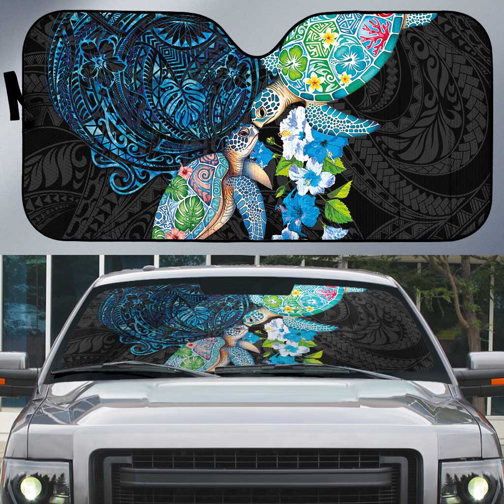 Hawaiian Couple Turtles Honi Auto Sun Shade Polynesian Art Motifs and Hibiscus Black Blue Color - Polynesian Pride