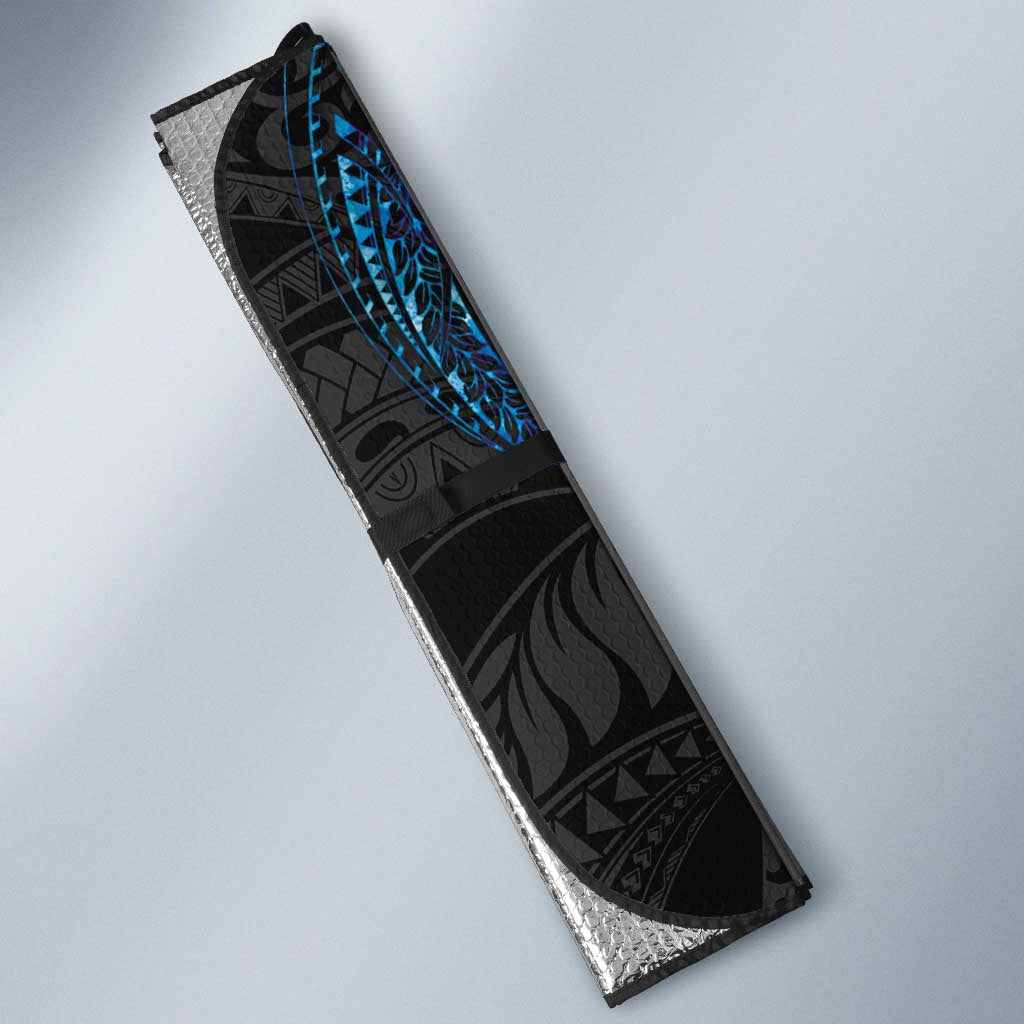 Hawaiian Couple Turtles Honi Auto Sun Shade Polynesian Art Motifs and Hibiscus Black Blue Color - Polynesian Pride