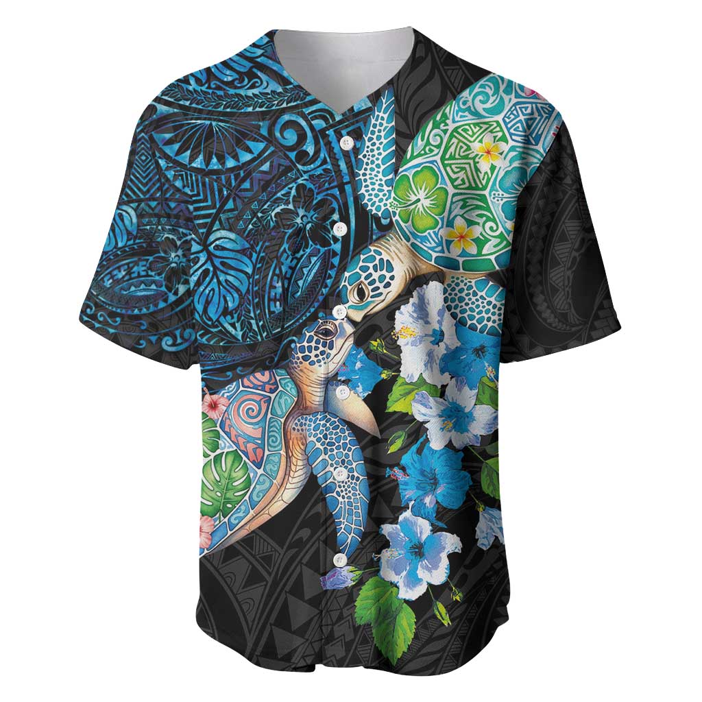 Hawaiian Couple Turtles Honi Baseball Jersey Polynesian Art Motifs and Hibiscus Black Blue Color - Polynesian Pride