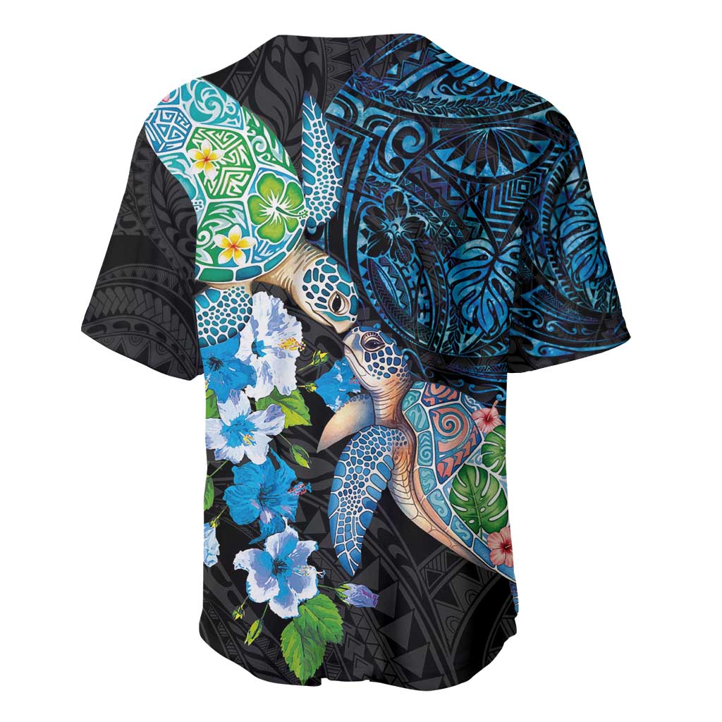 Hawaiian Couple Turtles Honi Baseball Jersey Polynesian Art Motifs and Hibiscus Black Blue Color - Polynesian Pride