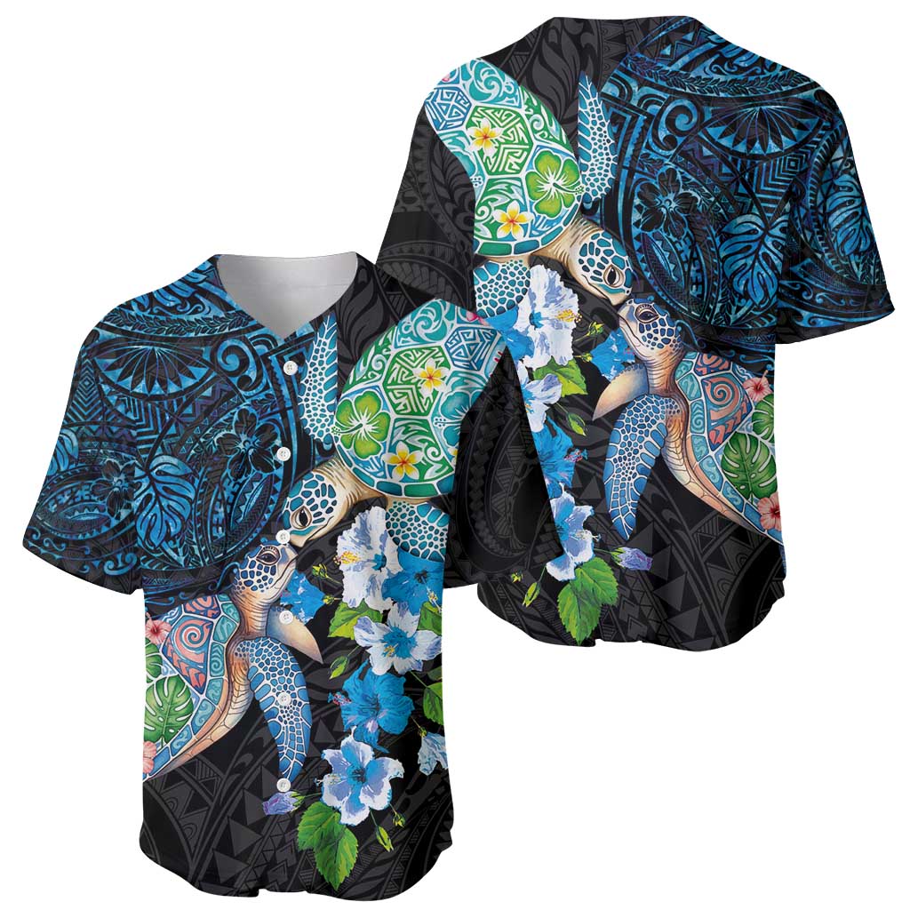 Hawaiian Couple Turtles Honi Baseball Jersey Polynesian Art Motifs and Hibiscus Black Blue Color - Polynesian Pride