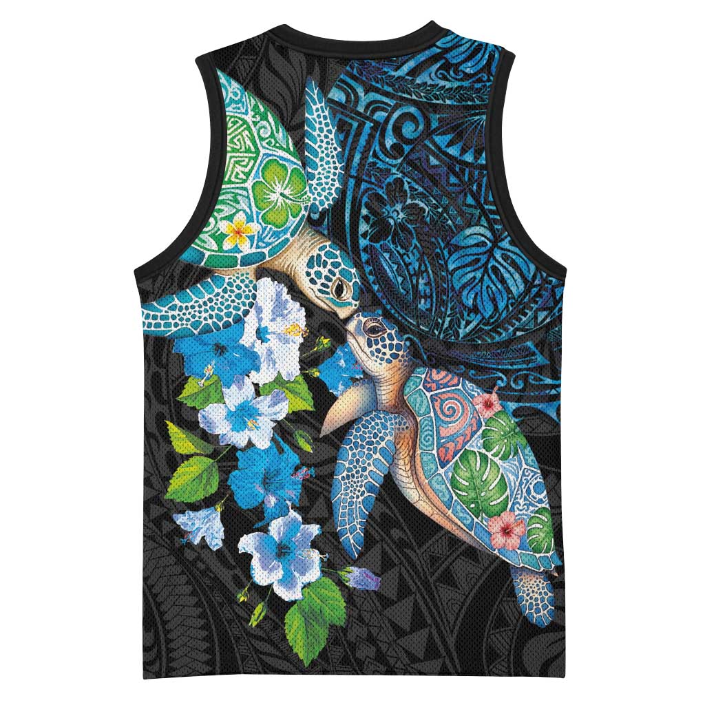 Hawaiian Couple Turtles Honi Basketball Jersey Polynesian Art Motifs and Hibiscus Black Blue Color - Polynesian Pride