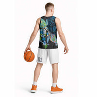 Hawaiian Couple Turtles Honi Basketball Jersey Polynesian Art Motifs and Hibiscus Black Blue Color - Polynesian Pride