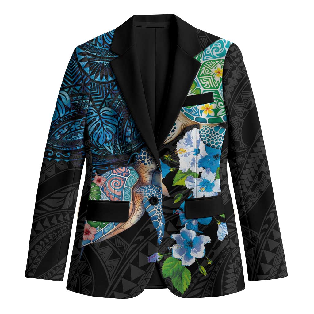 Hawaiian Couple Turtles Honi Blazer Polynesian Art Motifs and Hibiscus Black Blue Color - Polynesian Pride