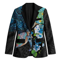 Hawaiian Couple Turtles Honi Blazer Polynesian Art Motifs and Hibiscus Black Blue Color - Polynesian Pride