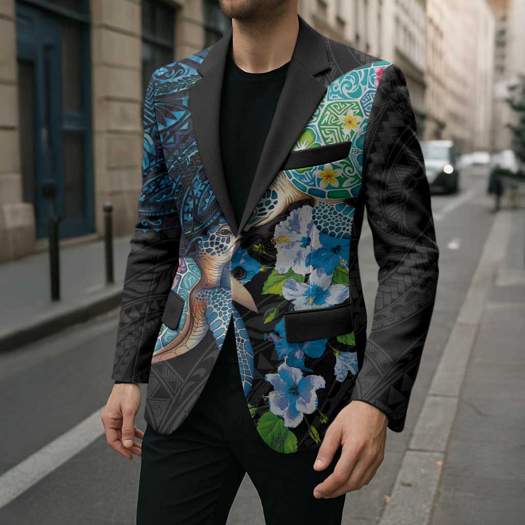 Hawaiian Couple Turtles Honi Blazer Polynesian Art Motifs and Hibiscus Black Blue Color - Polynesian Pride
