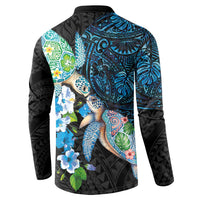 Hawaiian Couple Turtles Honi Button Sweatshirt Polynesian Art Motifs and Hibiscus Black Blue Color - Polynesian Pride