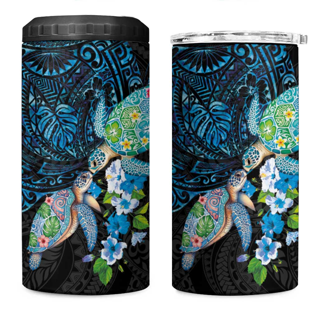 Hawaiian Couple Turtles Honi 4 in 1 Can Cooler Tumbler Polynesian Art Motifs and Hibiscus Black Blue Color - Polynesian Pride
