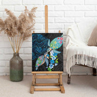 Hawaiian Couple Turtles Honi Canvas Wall Art Polynesian Art Motifs and Hibiscus Black Blue Color - Polynesian Pride