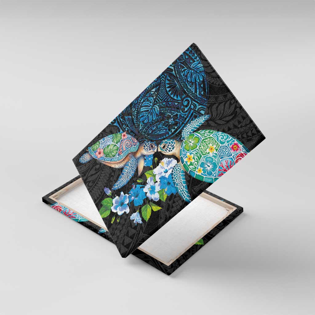 Hawaiian Couple Turtles Honi Canvas Wall Art Polynesian Art Motifs and Hibiscus Black Blue Color - Polynesian Pride