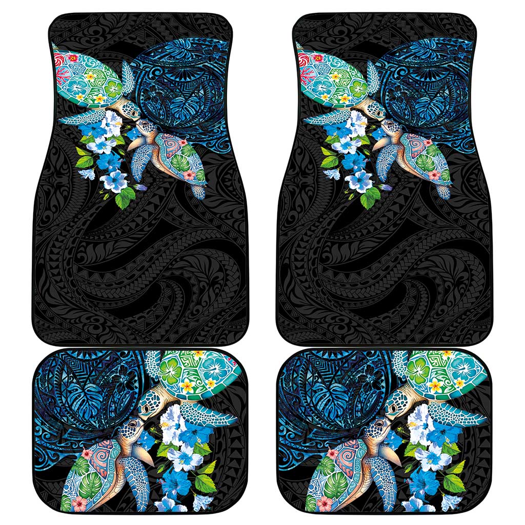 Hawaiian Couple Turtles Honi Car Mats Polynesian Art Motifs and Hibiscus Black Blue Color - Polynesian Pride