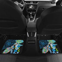 Hawaiian Couple Turtles Honi Car Mats Polynesian Art Motifs and Hibiscus Black Blue Color - Polynesian Pride