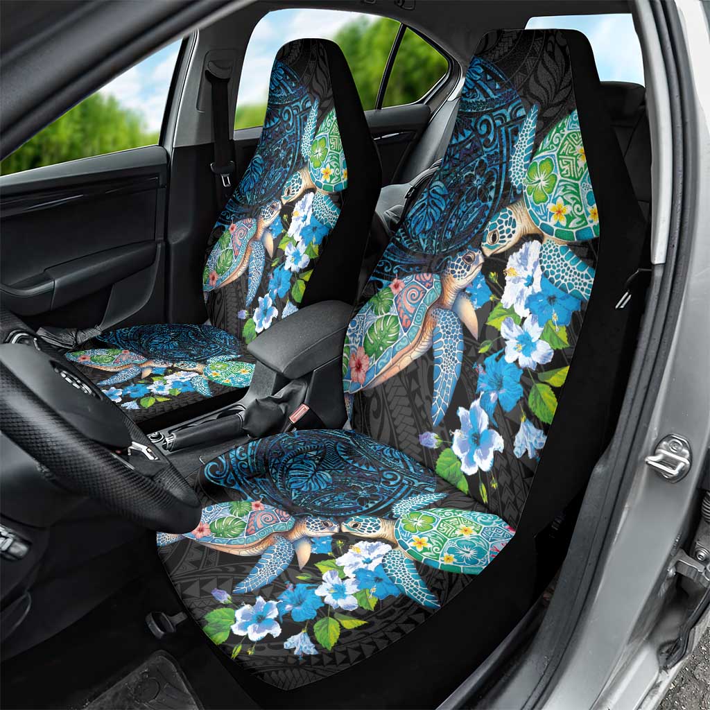 Hawaiian Couple Turtles Honi Car Seat Cover Polynesian Art Motifs and Hibiscus Black Blue Color - Polynesian Pride