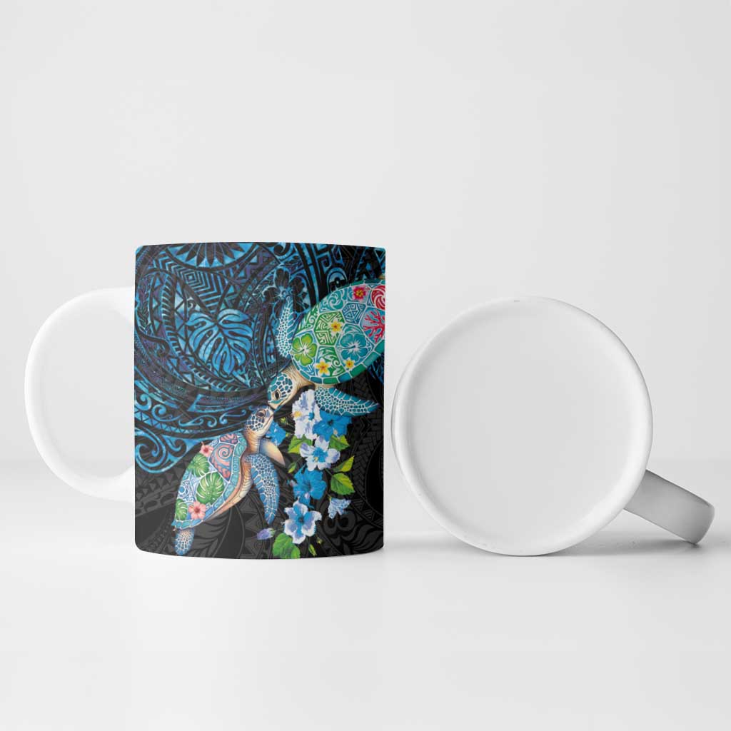 Hawaiian Couple Turtles Honi Ceramic Mug Polynesian Art Motifs and Hibiscus Black Blue Color - Polynesian Pride