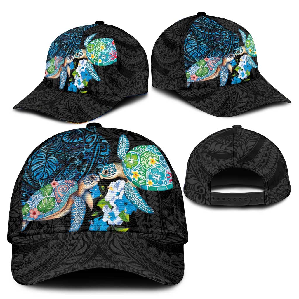 Hawaiian Couple Turtles Honi Classic Cap Polynesian Art Motifs and Hibiscus Black Blue Color - Polynesian Pride