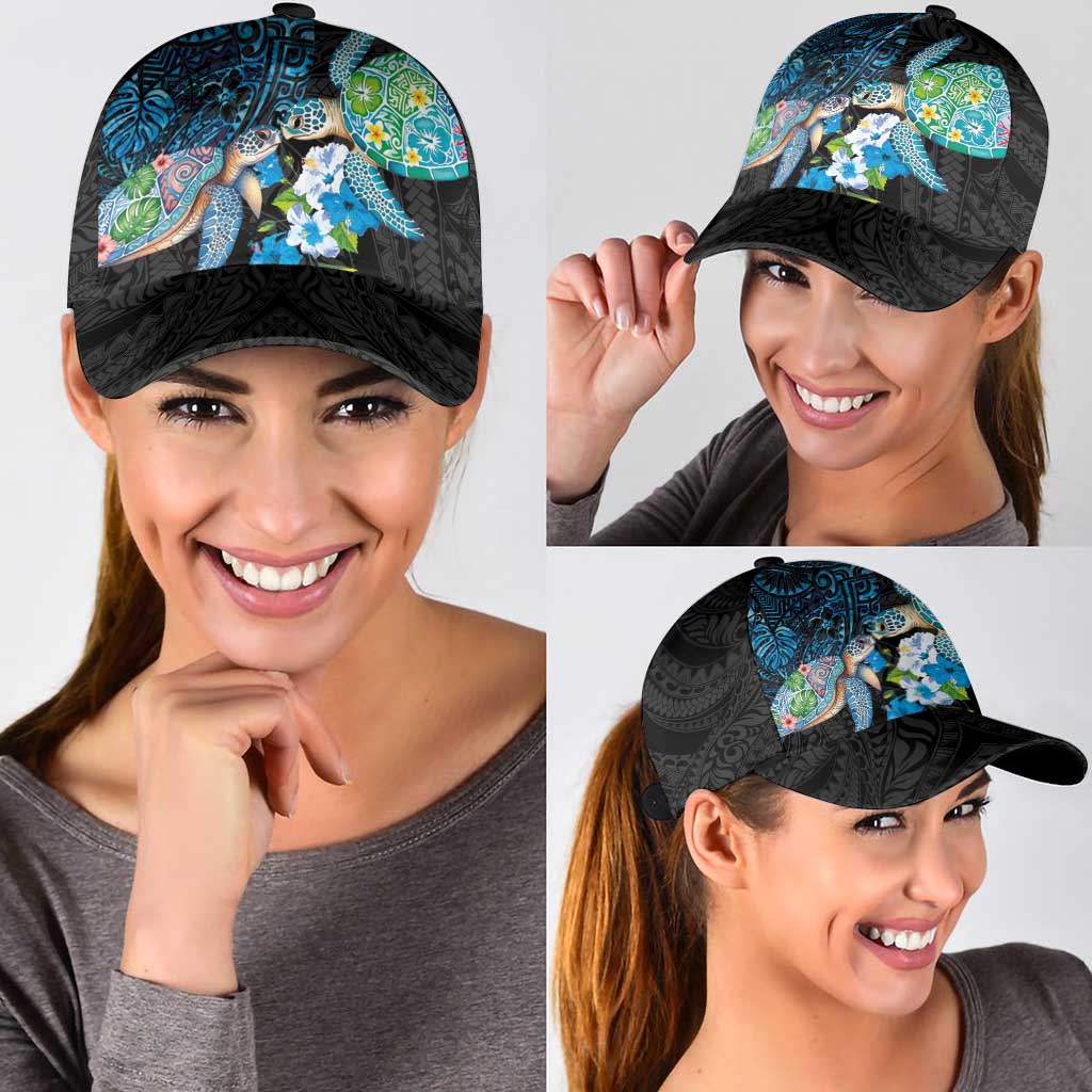 Hawaiian Couple Turtles Honi Classic Cap Polynesian Art Motifs and Hibiscus Black Blue Color - Polynesian Pride