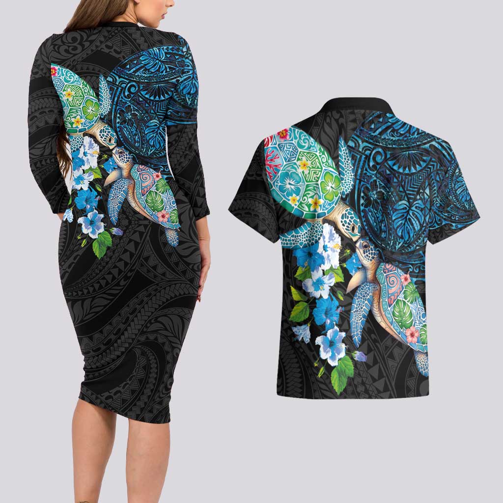 Hawaiian Couple Turtles Honi Couples Matching Long Sleeve Bodycon Dress and Hawaiian Shirt Polynesian Art Motifs and Hibiscus Black Blue Color - Polynesian Pride
