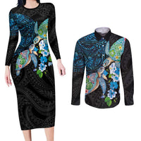 Hawaiian Couple Turtles Honi Couples Matching Long Sleeve Bodycon Dress and Long Sleeve Button Shirt Polynesian Art Motifs and Hibiscus Black Blue Color - Polynesian Pride
