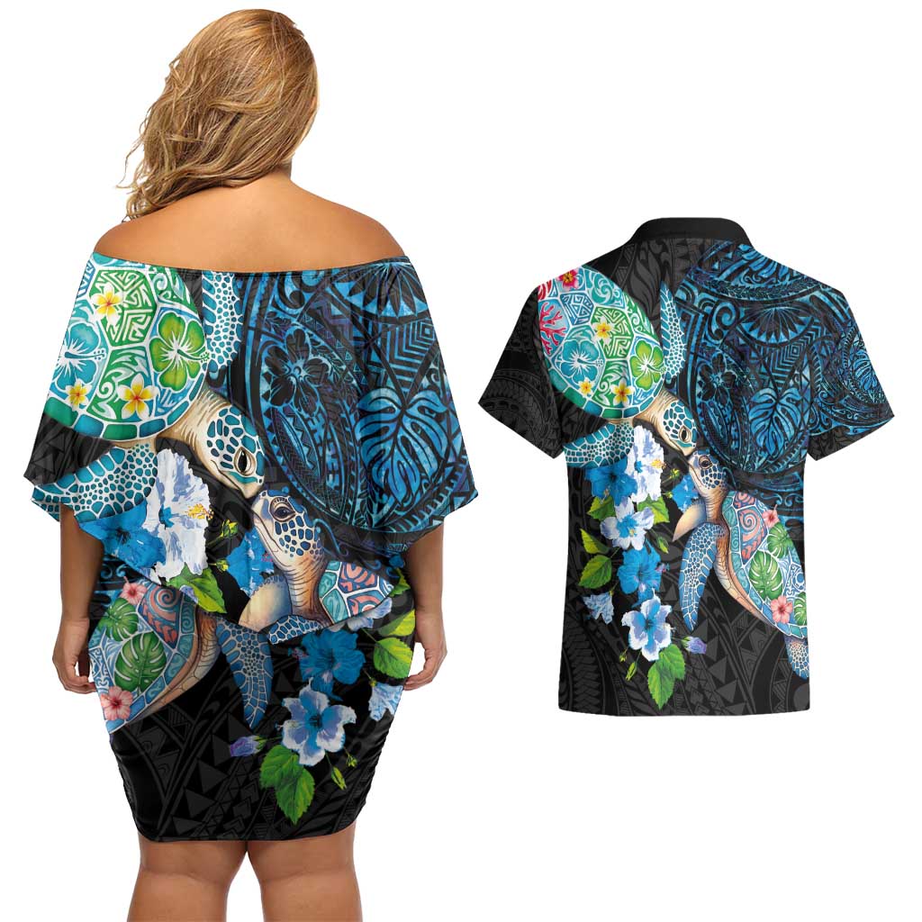 Hawaiian Couple Turtles Honi Couples Matching Off Shoulder Short Dress and Hawaiian Shirt Polynesian Art Motifs and Hibiscus Black Blue Color - Polynesian Pride