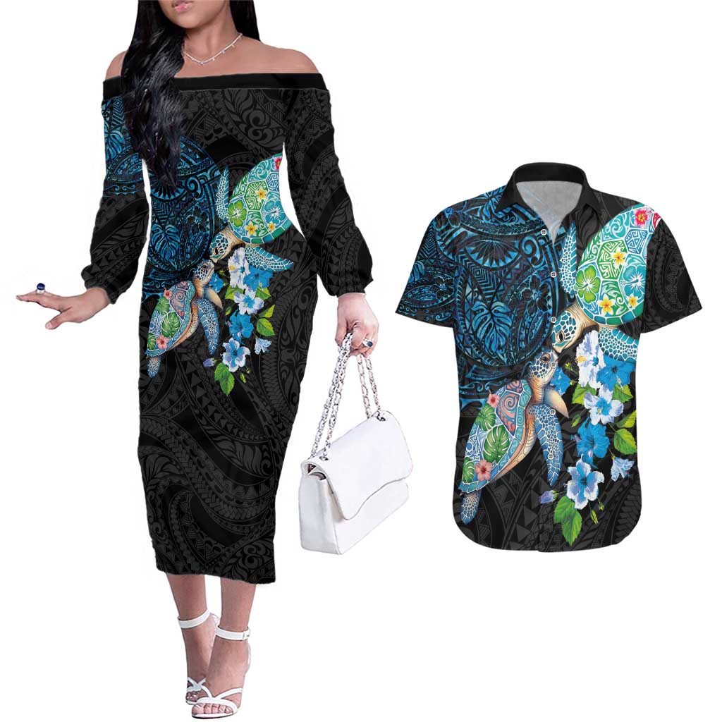 Hawaiian Couple Turtles Honi Couples Matching Off The Shoulder Long Sleeve Dress and Hawaiian Shirt Polynesian Art Motifs and Hibiscus Black Blue Color - Polynesian Pride