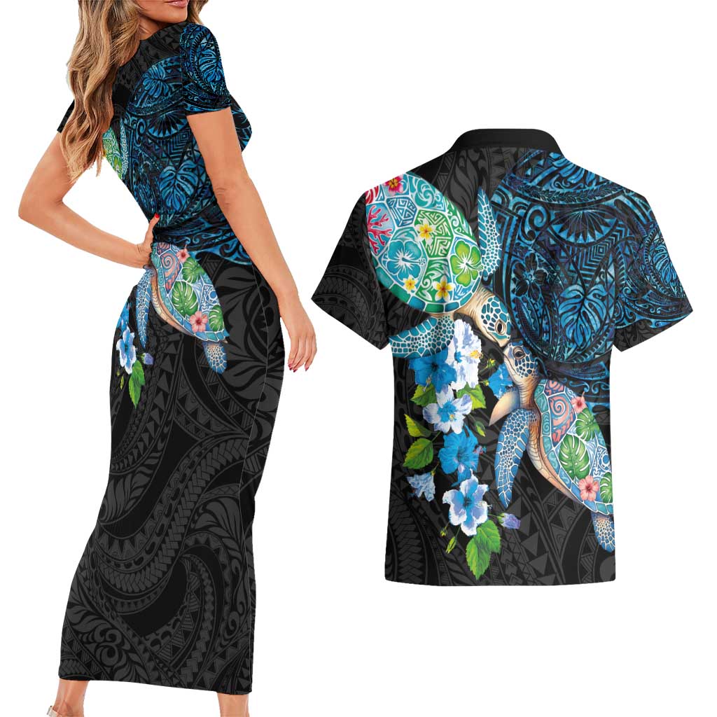 Hawaiian Couple Turtles Honi Couples Matching Short Sleeve Bodycon Dress and Hawaiian Shirt Polynesian Art Motifs and Hibiscus Black Blue Color - Polynesian Pride