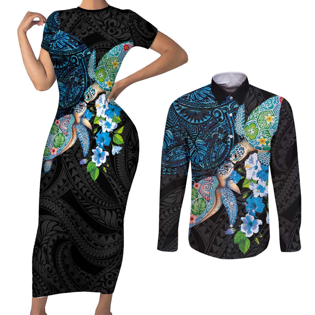 Hawaiian Couple Turtles Honi Couples Matching Short Sleeve Bodycon Dress and Long Sleeve Button Shirt Polynesian Art Motifs and Hibiscus Black Blue Color - Polynesian Pride