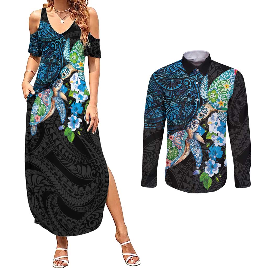 Hawaiian Couple Turtles Honi Couples Matching Summer Maxi Dress and Long Sleeve Button Shirt Polynesian Art Motifs and Hibiscus Black Blue Color - Polynesian Pride