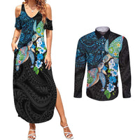 Hawaiian Couple Turtles Honi Couples Matching Summer Maxi Dress and Long Sleeve Button Shirt Polynesian Art Motifs and Hibiscus Black Blue Color - Polynesian Pride