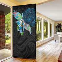Hawaiian Couple Turtles Honi Door Cover Polynesian Art Motifs and Hibiscus Black Blue Color - Polynesian Pride