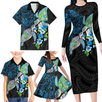 Hawaiian Couple Turtles Honi Family Matching Long Sleeve Bodycon Dress and Hawaiian Shirt Polynesian Art Motifs and Hibiscus Black Blue Color - Polynesian Pride