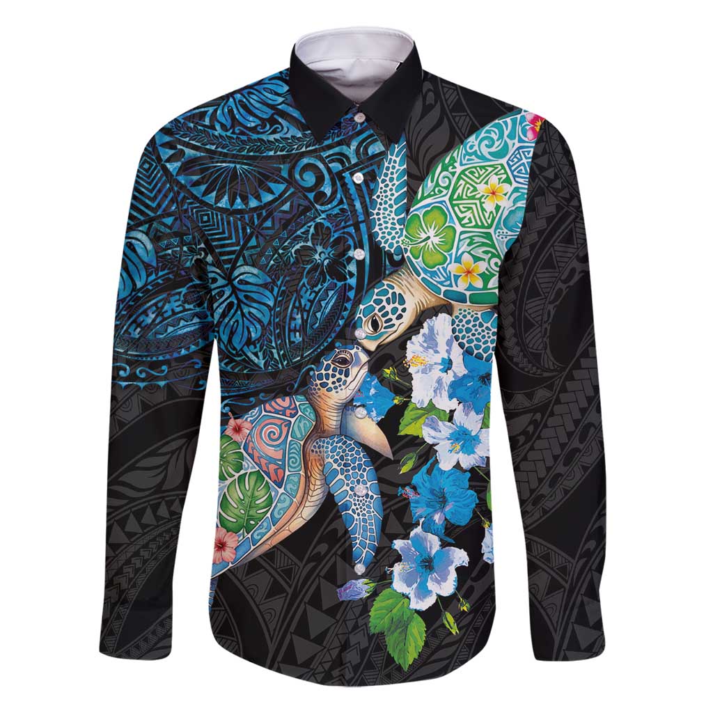 Hawaiian Couple Turtles Honi Family Matching Long Sleeve Bodycon Dress and Hawaiian Shirt Polynesian Art Motifs and Hibiscus Black Blue Color - Polynesian Pride