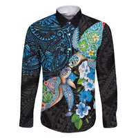 Hawaiian Couple Turtles Honi Family Matching Long Sleeve Bodycon Dress and Hawaiian Shirt Polynesian Art Motifs and Hibiscus Black Blue Color - Polynesian Pride