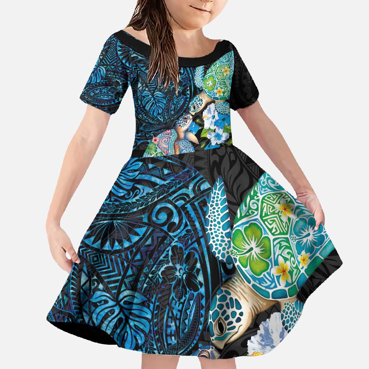 Hawaiian Couple Turtles Honi Family Matching Off The Shoulder Long Sleeve Dress and Hawaiian Shirt Polynesian Art Motifs and Hibiscus Black Blue Color - Polynesian Pride